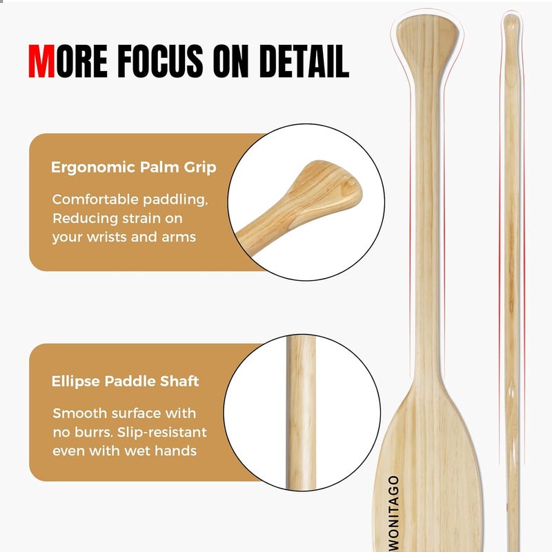 WONITAGO Wooden Canoe Paddle with Ergonomic Palm Grip and Anti-Collision Edge, Floating Wood Canoe Boat Paddle - Image 3